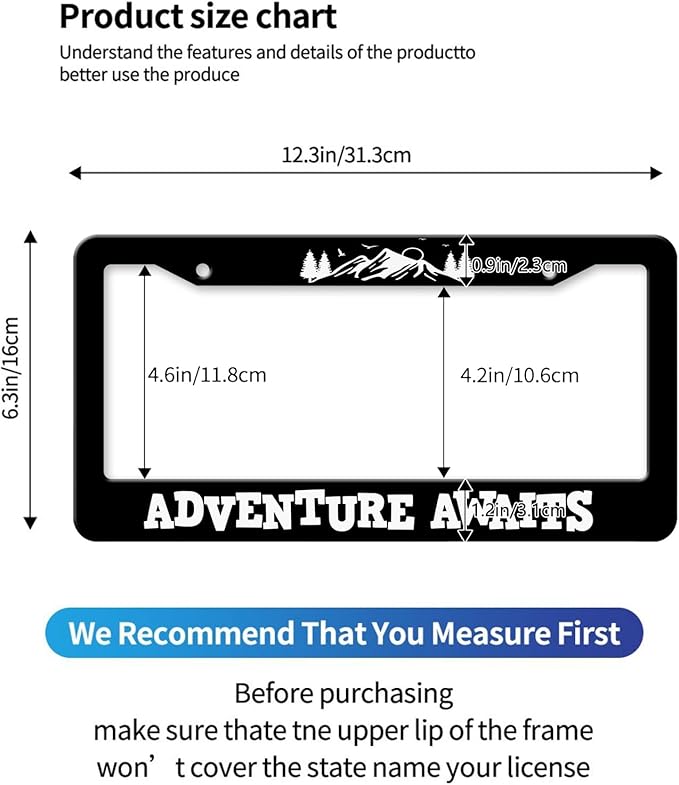 MIOAOSRT Adventure Awaits License Plate Frame Adventure Awaits License Plate Cover Car Tag Holder Metal License Plate Frame Fits Standard U.S.Vehicles 12x6 Inch