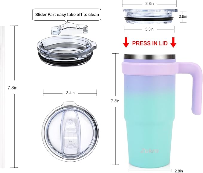 Zukro 24 oz Insulated Tumbler with Handle and Straw - Leakproof Stainless Steel Cup with Lid - Double-wall Travel Coffee Mug Keep Drinks Hot and Cold - Dishwasher Safe & Fit in Cupholder