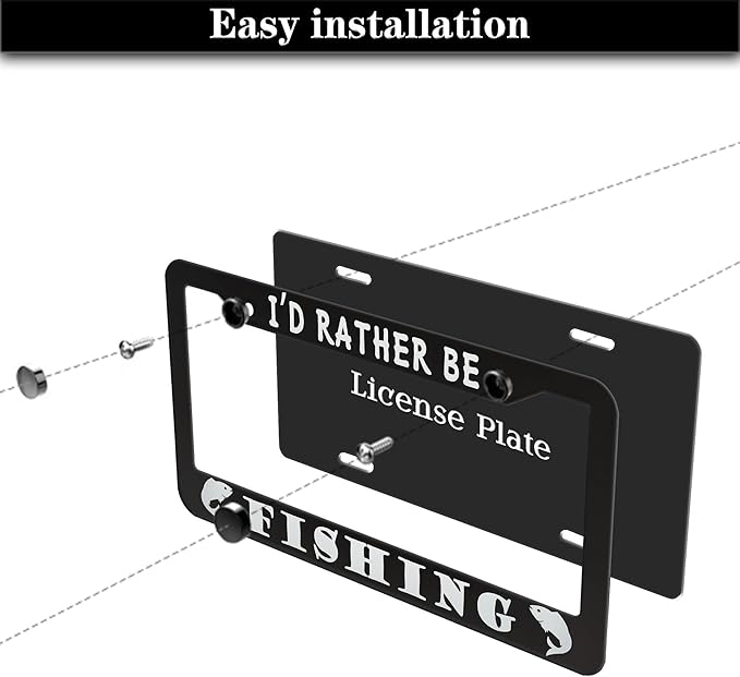 Automotive Exterior Accessories Black and White License Plate Frames I'd Rather Be Fishing Universal Aluminum Car Accessory 2 Pack with Screw Covers Set