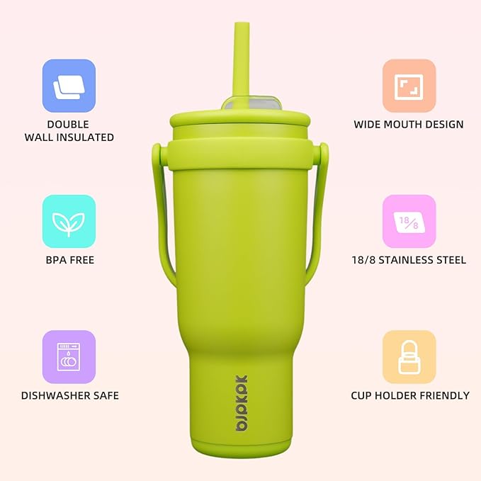 BJPKPK 40 OZ Insulated Travel Tumbler with Handle and Straw, Stainless Steel Water Bottle, Double Wall Vacuum Insulated Mug, for Work, Car, Travel, Bright Green