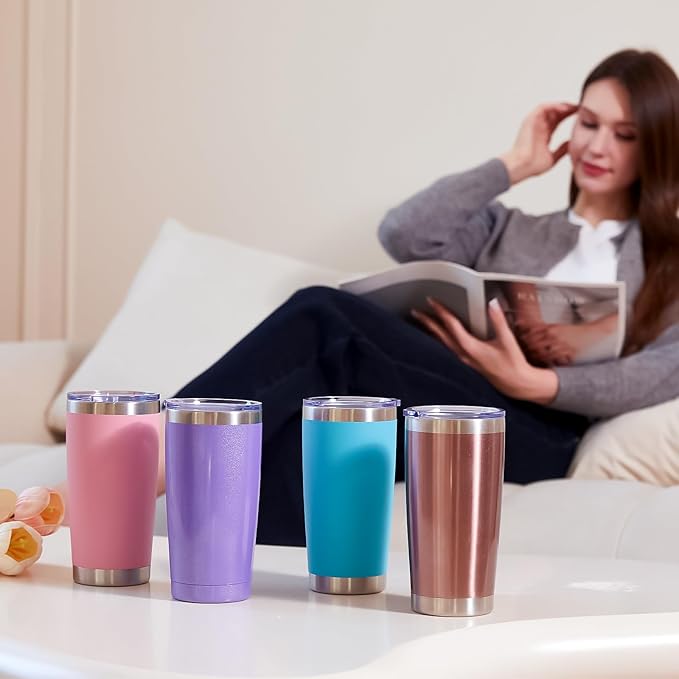 MEWAY 20oz Tumbler 4 Pack Double Wall Vacuum Insulated Travel Glitter Mug Bulk, Stainless Steel Tumblers with Lid and Straw, Powder Coated Coffee Cups for Woman(Gradient Green,Set of 4)