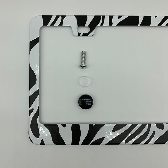 Zebra Print Black White License Plate Frame Cover, Matte White Powder Coated Stainless Steel, Animal Print Auto Car Tag Frame with 2 Holes & Free Screws