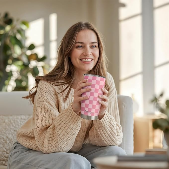 Checkered Tumbler 20oz Stainless Steel Insulated, Checker Travel Coffee Cup, Bow Gifts for Women Girls Teen, Birthday Christmas (Pink)