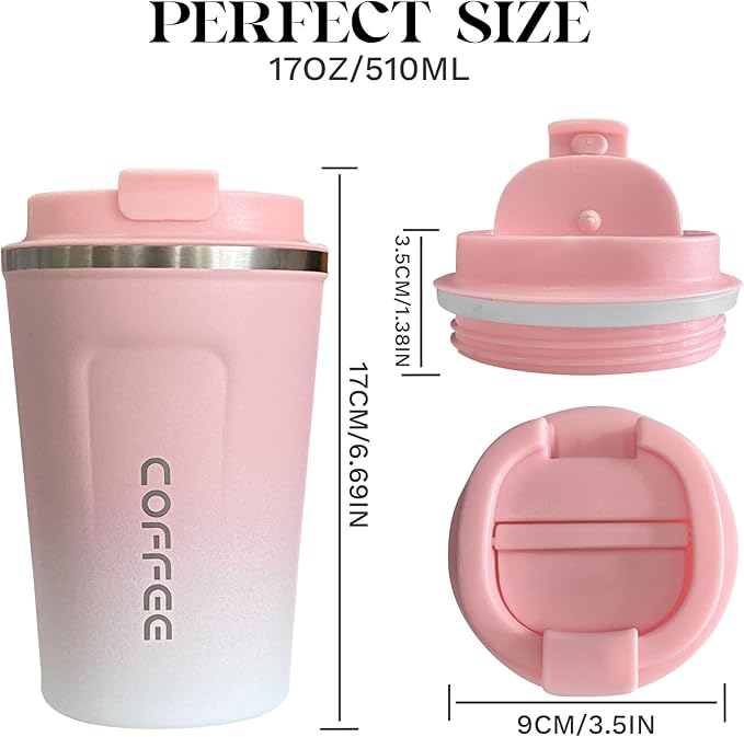 YINBAOGE Insulated Travel Coffee Mug, Spill & Leak Proof, Portable To Go Camping Stainless Steel Coffee Tumbler, Reusable Thermal Coffee Cup with Lid for Hot & Cold Drinks (2nd-Pink White, 17 OZ)