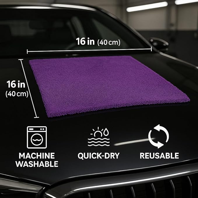 Paks - Edgeless Microfiber Towels 4-Pack - Car Detailing Wash Cloths for Cleaning - 16x16 Car Drying Towel - Lint Free Auto Rags for Polishing & Buffing - Purple & Grey Cleaning Supplies