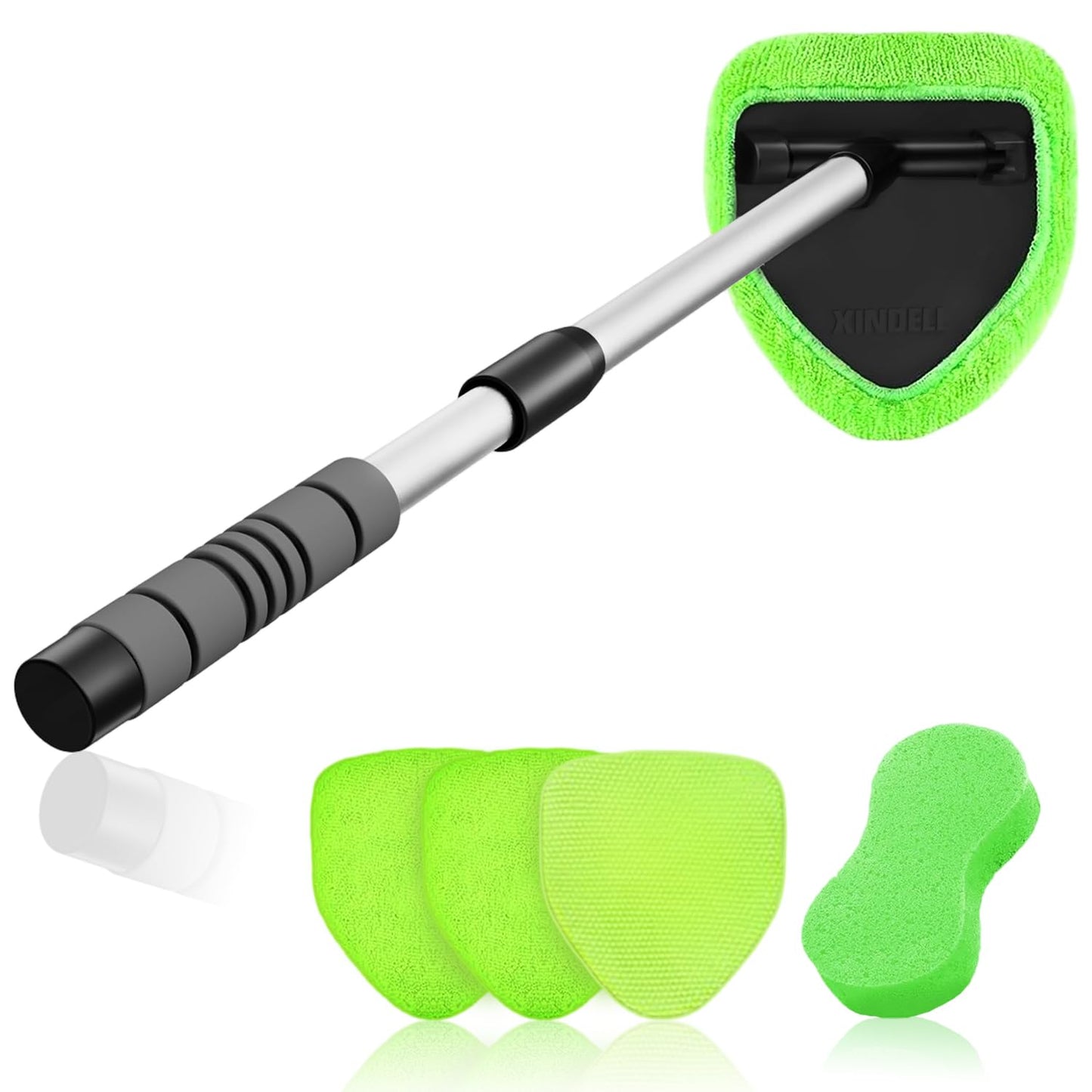 XINDELL Windshield Cleaner Tool – Car Interior Window Cleaning Kit with Extendable Handle & 4 Microfiber Pads, Auto Washing Brush for Car, Trucks, SUVs, RVs & Home Windows