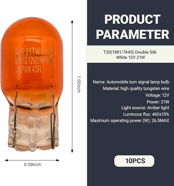 10 PCS Car T20 1881/7440 Turn Signal Bulb, Waterproof Lamp Housing Single Filament Bulb, Miniature Light Reverse, Parking, Tail Light, Plug and Play, Replacement for Cars, Trucks, SUVs (Amber)