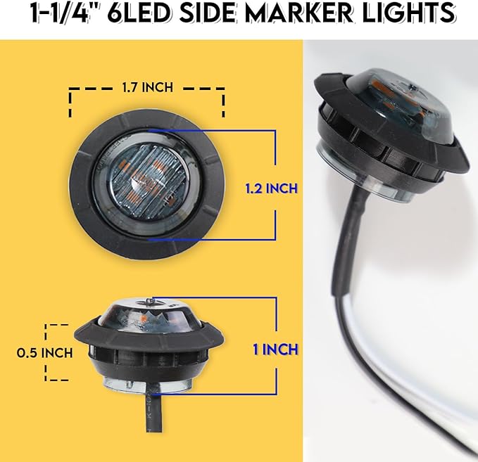 10 Pcs of 1-1/4 Inch with 6 LED Mount Smoked Lens Amber Clearance Side Marker Lights Bullet Marker Trailer Lights Universal 12V DC Vehicles RV Truck Pickup Van Boat Mack