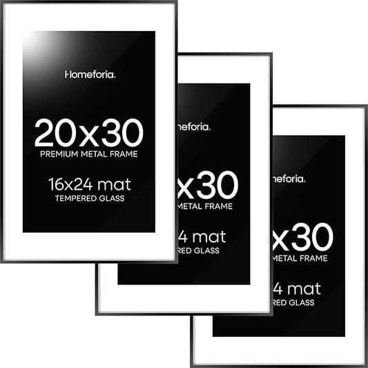 Homeforia 20x30 Poster Frame Black, High End Metal 20 x 30 Picture Frames with Mat 16 by 24 inch Photo, 30x20 Large Frame for Wall, 20x30 Thin Frame Matted to 16x24, Tempered Glass, Wall Kit, Set of 3