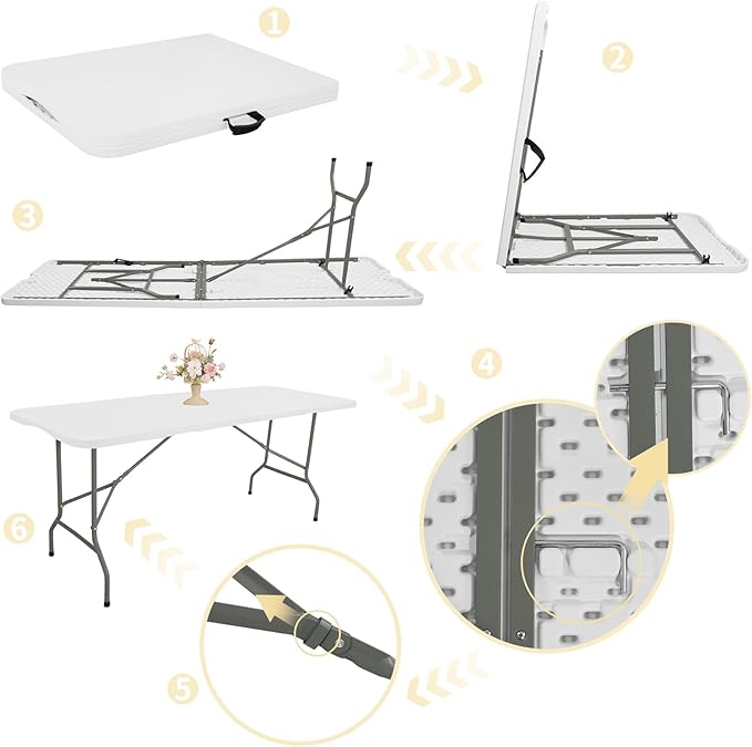 Folding Table 8 FT Camping Table Portable Heavy Duty Plastic Rectangular Outdoor Dining Table Steel Legs Fold-in-Half with Carrying Handle for Indoor,Picnic,Party,Wedding,Events(White)