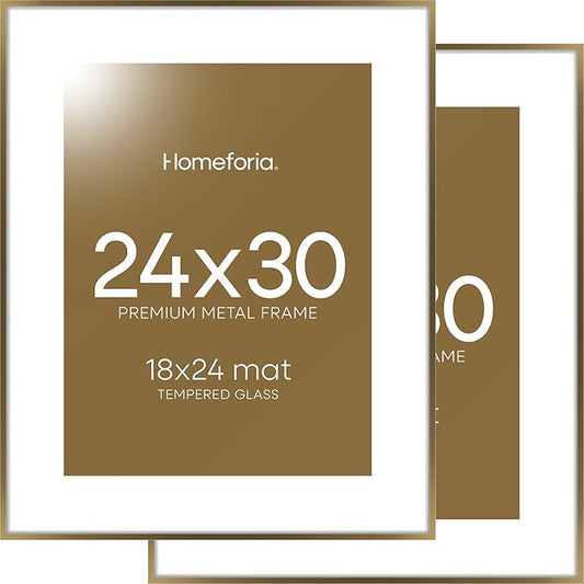Homeforia 24 x 30 Bronze Frame, High End Metal 24x30 Large Poster Frames with Mat 18x24 for Photo, 24 x 30 Brass Picture Frame Matted to 18 by 24 Print, 30x24 Frame, Tempered Glass, Wall Kit, Set of 2