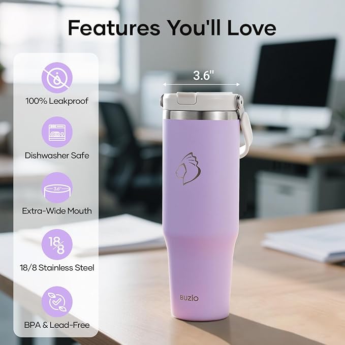BUZIO 40 oz Tumbler with Handle, Insulated Tumbler with 2-in-1 Lid and Straw, Stainless Steel Vacuum Insulated Iced Coffee Tumbler Cup, Spill-Proof Travel Mug Thermal Cup for Hot and Cold Drinks
