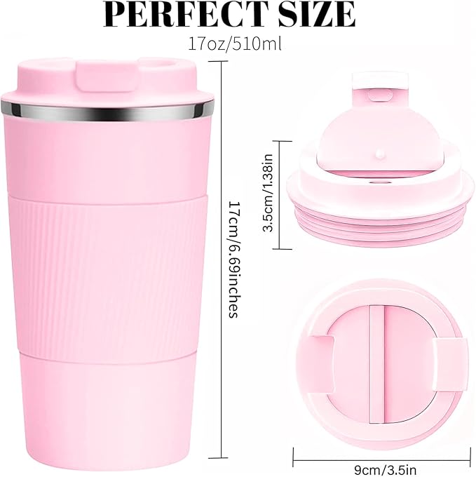 YINBAOGE Insulated Travel Coffee Mug, Spill & Leak Proof, Portable To Go Camping Stainless Steel Coffee Tumbler, Reusable Thermal Coffee Cup with Lid for Hot & Cold Drinks (Pink, 17 OZ)