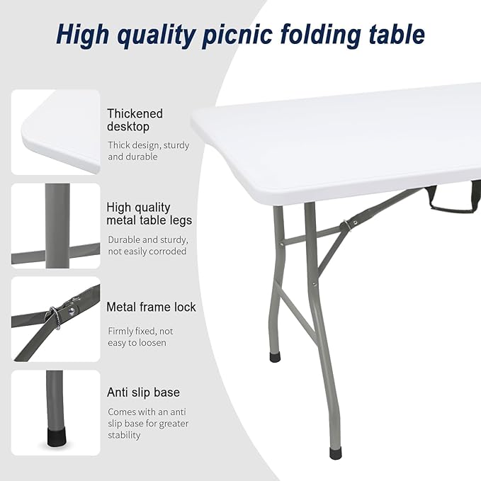 2 PCS 70.8" W X 29" D X 29" H - 6 ft White Folding Table White Portable Heavy Duty Plastic Fold-in-Half Utility Foldable Table for Camp,Picnic & Party