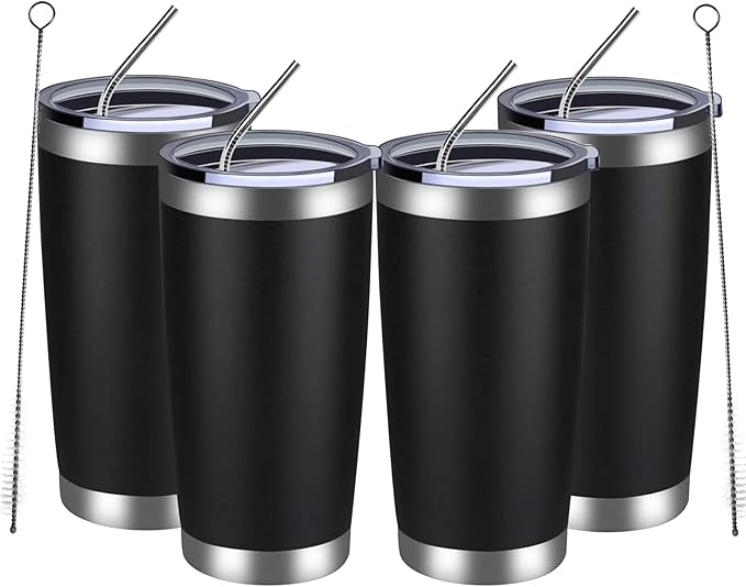MEWAY 20oz Tumbler 4 Pack Double Wall Vacuum Insulated Travel Mug Bulk, Stainless Steel Tumblers with Lid and Straw, Durable Powder Coated Coffee Cups for Cold & Hot Drinks (Black, 4)