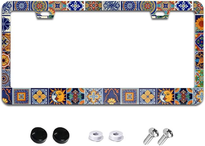 Mexican Tiles License Plate Frame Boho License Plate Frames Aluminum Car Accessories Cover with 2 Holes and Screws 12 x 6 Inch for Front Rear Car Plate Decor for Women Men
