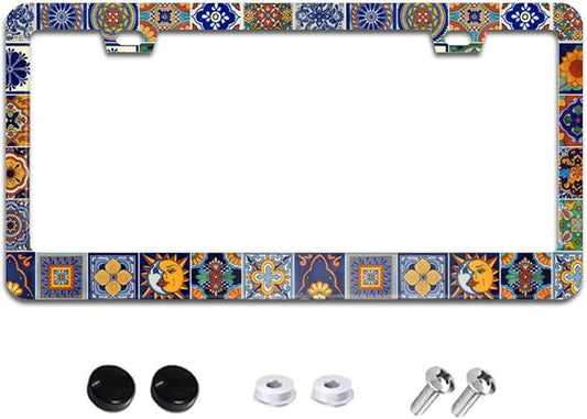Mexican Tiles License Plate Frame Boho License Plate Frames Aluminum Car Accessories Cover with 2 Holes and Screws 12 x 6 Inch for Front Rear Car Plate Decor for Women Men