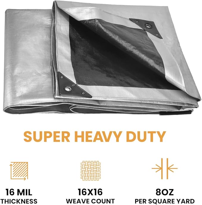 WHITEDUCK Super Heavy Duty Poly Tarp Cover 16 Mil & 10 Mil with Grommets and Reinforced Edges (Brown, White & Silver Black) (Silver Black- 16 Mil, 20' x 30')