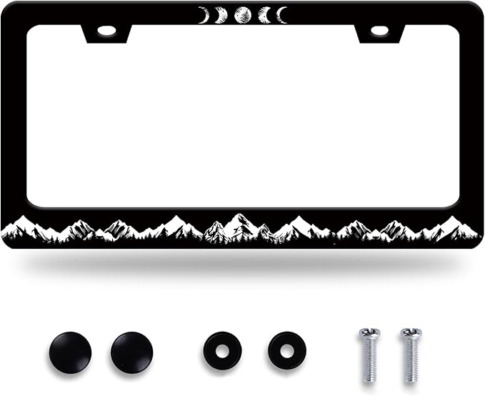 Moon Phase License Plate Frame Mountains Forest License Plate Stainless Steel Funny License Plate Holder for Men Women Universal Black Car Accessories Decoration 12.3" x 6.3"