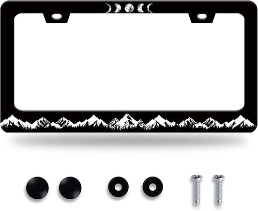 Moon Phase License Plate Frame Mountains Forest License Plate Stainless Steel Funny License Plate Holder for Men Women Universal Black Car Accessories Decoration 12.3" x 6.3"
