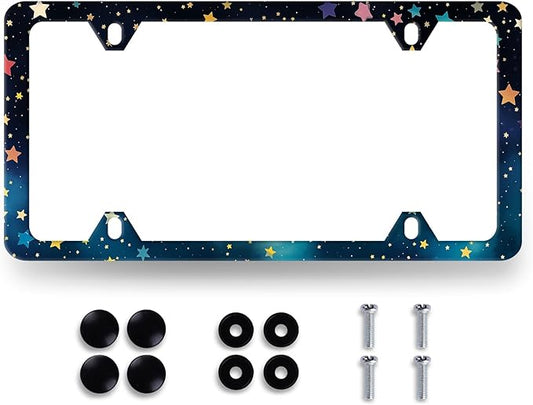 Night Stars License Plate Frame Galaxy Starry Sky License Plate Stainless Steel Funny Accessory Cars Decor for Men Women 12.2 X 6.2 Inch with 4 Holes and Screws Fits Standard Us Ca Vehicles
