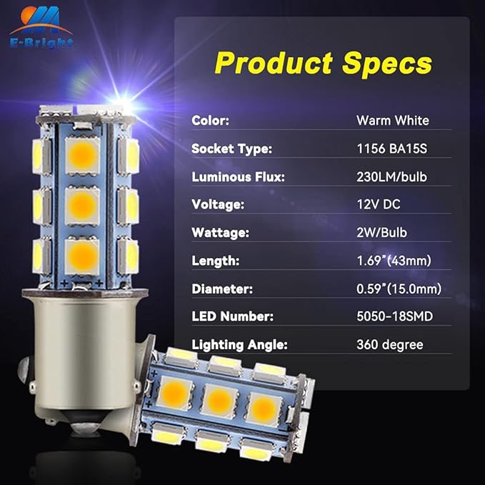 YM E-Bright 1156 BA15S Led Bulb 1003 7506 1141 LED Bulb for Car SUV RV Light Camper Boat Trunk Travel Trailer Interior Lights,Soft Warm White,Pack of 4