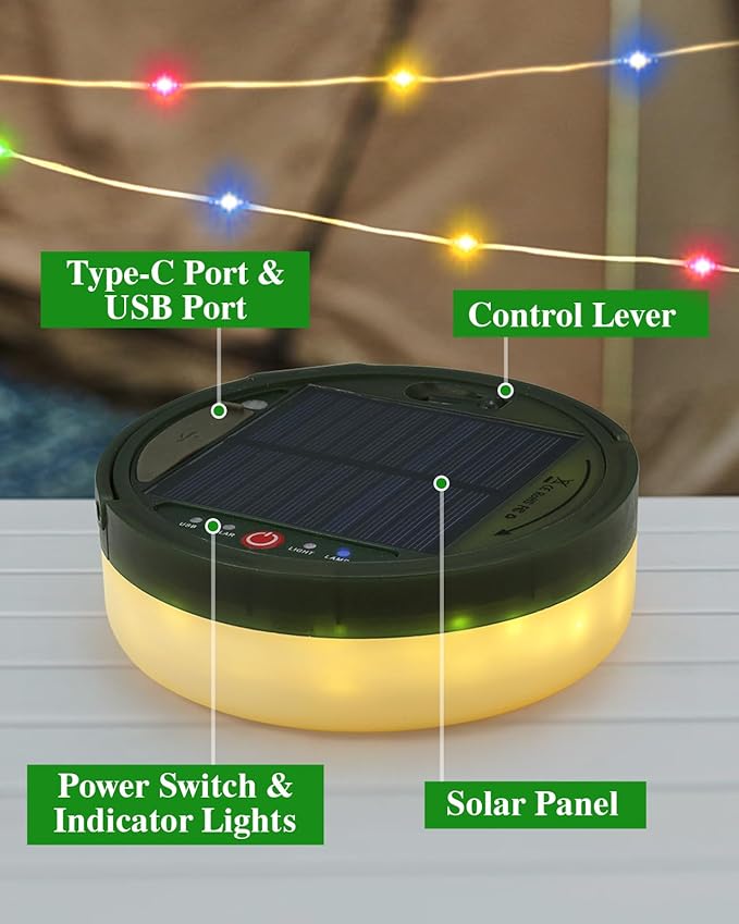 Solar Camping String Lights 4 in 1, Anpro 32.8Ft Ultra Long Multi-Color LED String, 3600mAh Solar Powered and USB Rechargeable Light with Remote Control, Portable Camping Light for Hiking, Decoration