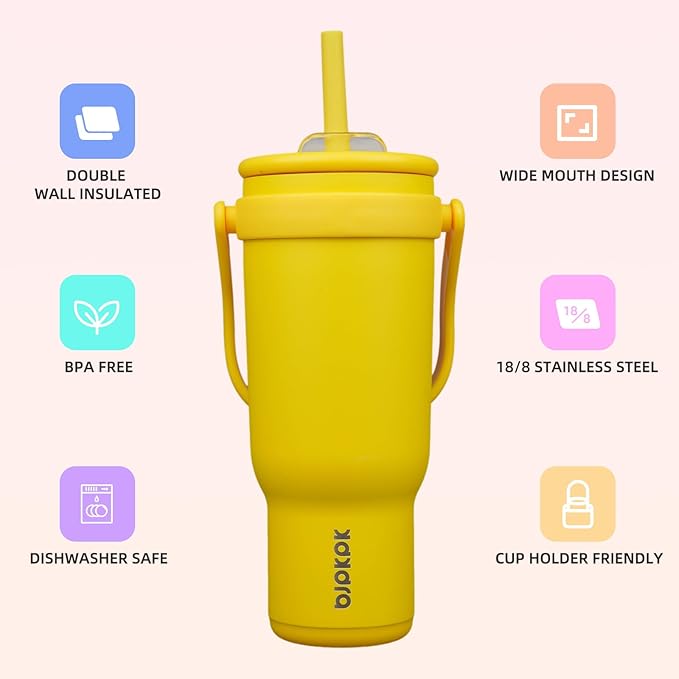 BJPKPK 40 OZ Insulated Travel Tumbler with Handle and Straw, Stainless Steel Water Bottle, Double Wall Vacuum Insulated Mug, for Work, Car, Travel, Yellow