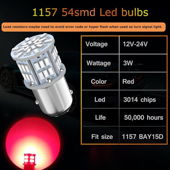 1157 Led Brake Light Bulb Red, 12V-24V 1157 7528 2357 2057 BAY15D LED Replacement Light Bulb for Brake Light Tail Light for Car RV Trailer Boat, 54SMD 3014 Chipset,4PCS