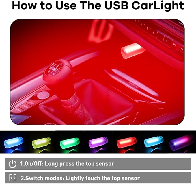 14 in 1 Modes Car USB Night Light, 7 Colors Touch Adjustment LED Ambient Lighting USB Automotive Interior Night Lamps, Mini LED Bulb for Car, Camping, Holiday Decoration, Bedroom, Party(2Pcs)