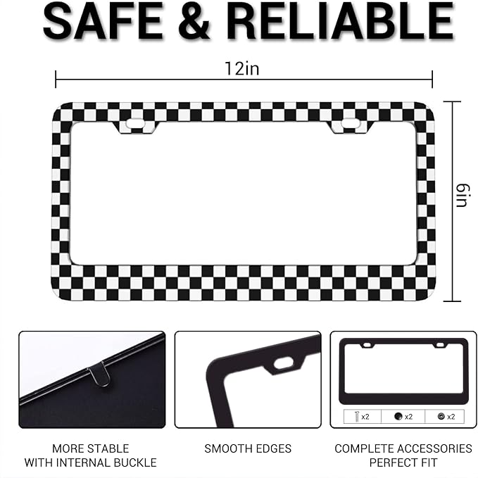 Black and White Checkerboard License Plate Frame, Car Tag Frame Aluminum Auto Decorative License Plate Holder for Men Women (2 Holes & Screws, 6 X 12 in)