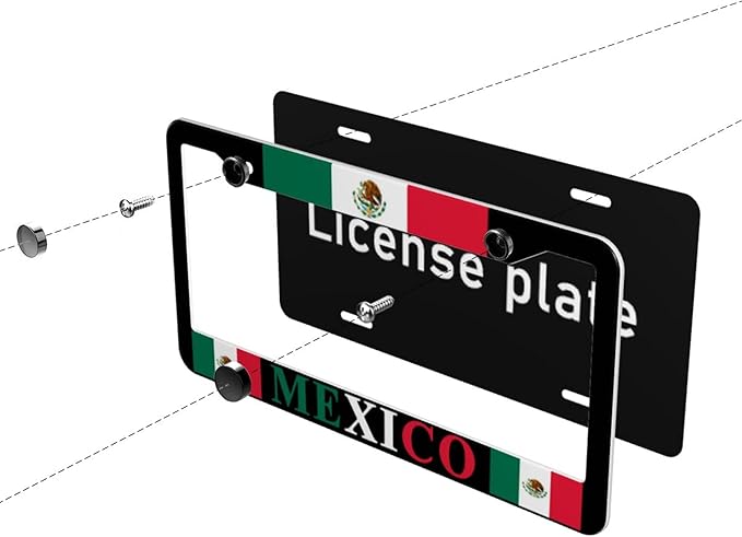 Mexican Flag License Plate Frames Personalized Flag Decoration Car Tags Aluminum Metal License Plate Covers Customized Mexican Flag License Plate Holders for Men and Women with Accessories 2 Holes