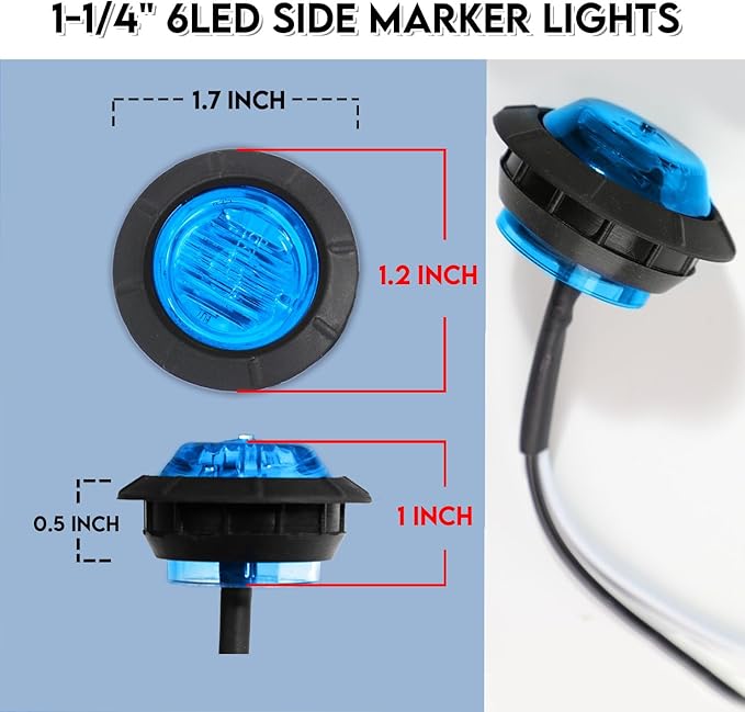 10 Pcs of 1-1/4 Inch Blue Lens & Lights with 6 LEDs Mount Clearance Side Marker Lamp Bullet Marker Trailer Lights Universal 12V DC Vehicles RV Truck Pickup Van Boat Mack