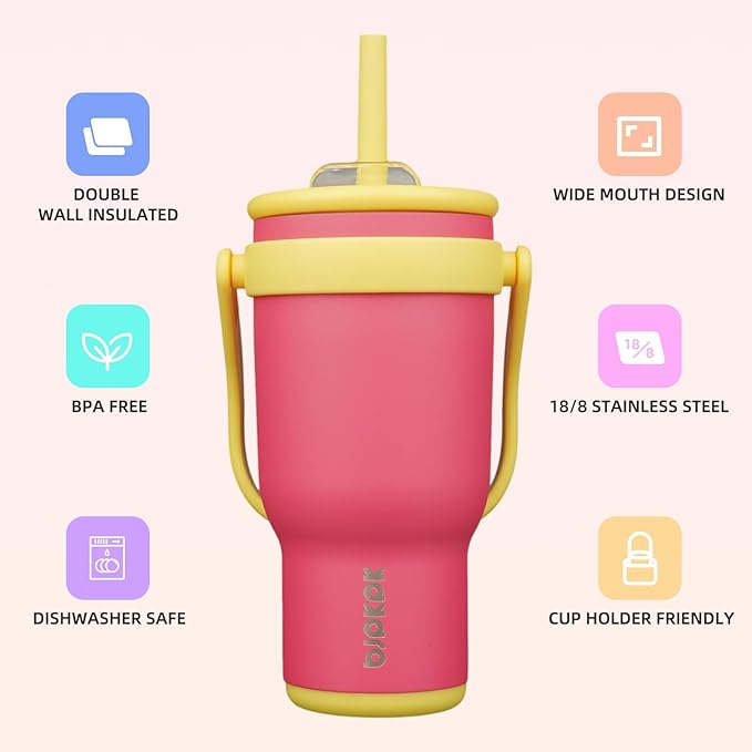 BJPKPK 30 OZ Insulated Travel Tumbler with Handle and Straw, Stainless Steel Water Bottle, Double Wall Vacuum Insulated Mug, for Work, Car, Travel, Rose Pink