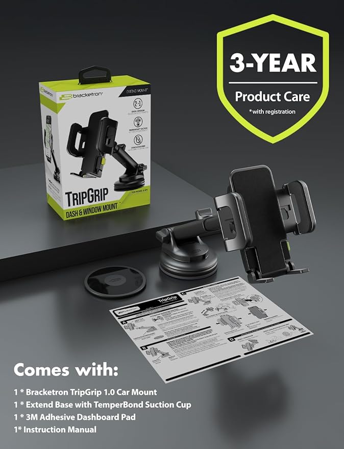 Bracketron Cell Phone Holders for Your Car - TripGrip Extend Phone Holder for Car Dashboard & Windshield, One-Hand Release, 360 Rotation, Suction Cup Car Phone Holder Mount for iPhone Android Samsung