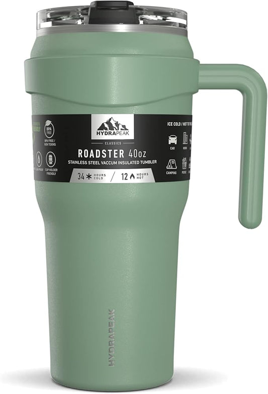 Hydrapeak Roadster 40oz Stainless Steel Tumbler Double Wall Vacuum Insulated Water Bottle With Handle And 2 in 1 Straw Lid (Sage)