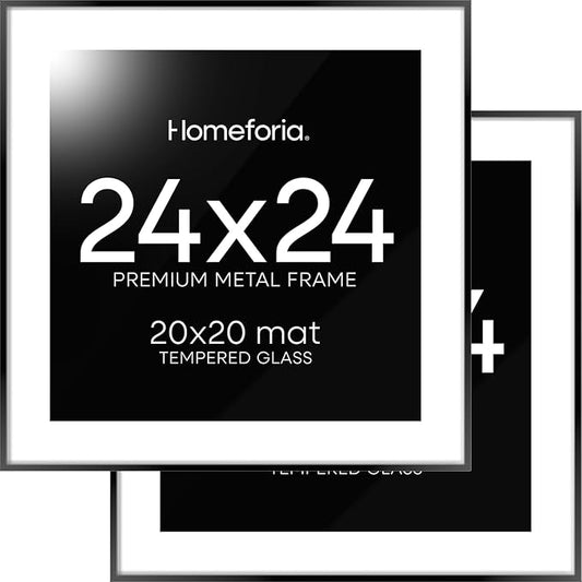Homeforia 24x24 Picture Frame Black, High End Metal 24 x 24 Large Square Poster Frame Matted to 20 x 20 in Photo, 24by24 Thin Black Frames with Mat 20x20 inch Print, Tempered Glass, Wall Kit, Set of 2