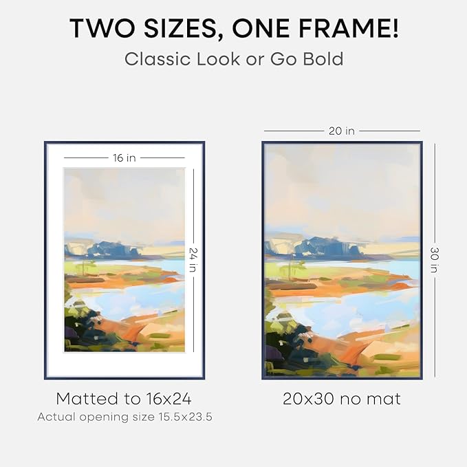 Homeforia 20x30 Frame Navy Blue, High End Metal 20x30 Picture Frames with Mat 16x24 inch Photo, 20 x 30 Navy Blue Poster Frame Matted to 16 by 24, 30x20 Large Frame, Tempered Glass, Wall Kit, Set of 1