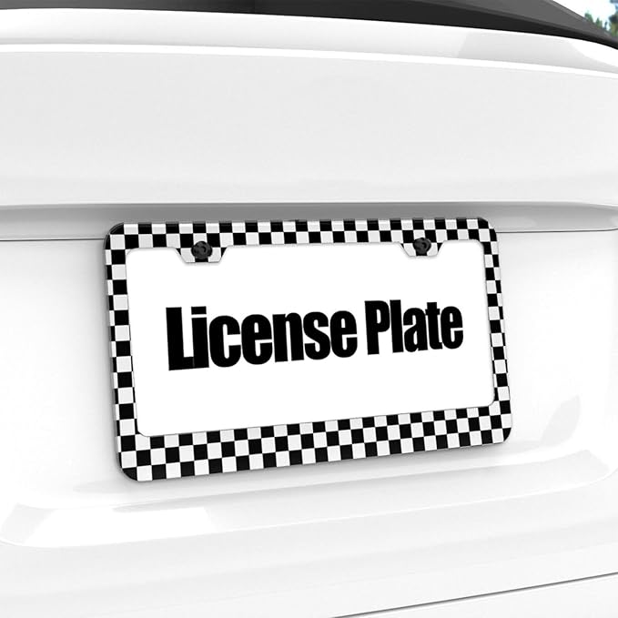 Black and White Checkerboard License Plate Frame, Car Tag Frame Aluminum Auto Decorative License Plate Holder for Men Women (2 Holes & Screws, 6 X 12 in)
