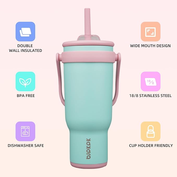 BJPKPK 40 OZ Insulated Travel Tumbler with Handle and Straw, Stainless Steel Water Bottle, Double Wall Vacuum Insulated Mug, for Work, Car, Travel, Guava
