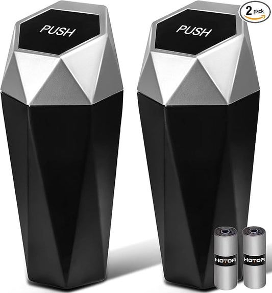 HOTOR Car Trash Can with Lid - 2 Pack, Car Accessories for Interior, Leakproof Vehicle Garbage Can with 30 Attached Trash Bags, Multipurpose Organizers and Storage for Home, Office, Silver