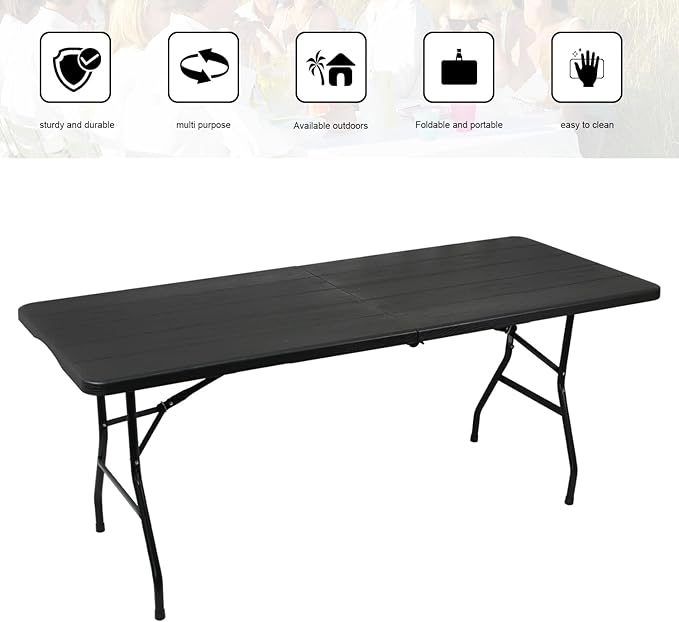 70.8" W X 29" D X 29" H - 6 ft Folding Table Black Wood Grain Portable Heavy Duty Plastic Fold-in-Half Utility Foldable Table for Camp,Picnic & Party