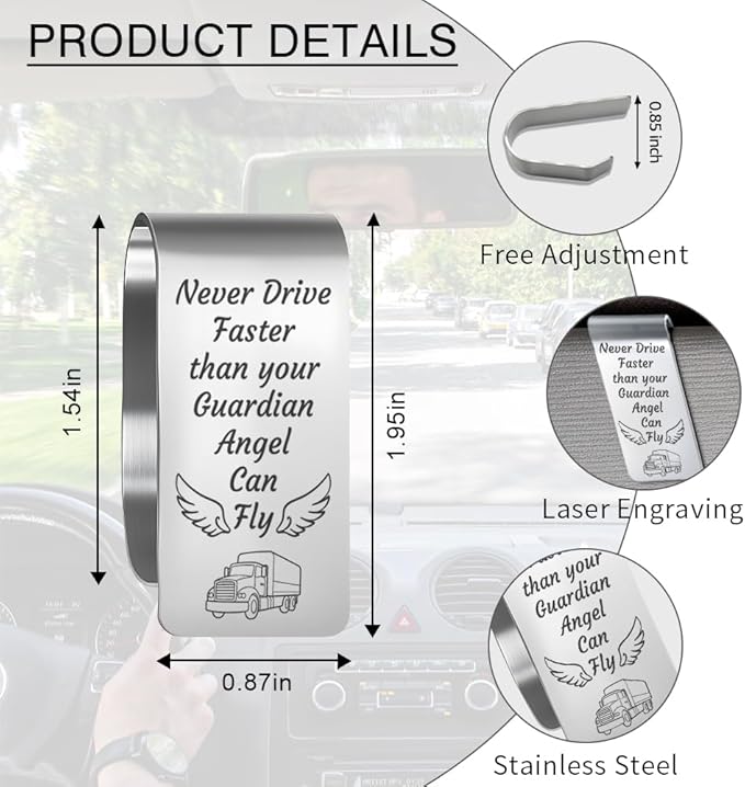 Never Drive Faster Than Your Guardian Angel Can Fly Engraved Stainless Steel Car Visor Clip, Inspirational Guardian Angel Safe Driving Reminder Clip Gifts for Family Friend, Drive Safe Gifts