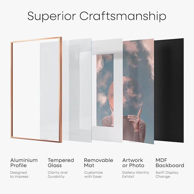 Homeforia 8.5x11 Rose Gold Frame, High End Metal 8.5 x 11 Picture Frames with Mat 6 by 8 inch Photo, 11x8.5 Poster Frame Matted to 6x8 Print, Wall or Tabletop Frame, Tempered Glass, Wall Kit, Set of 2