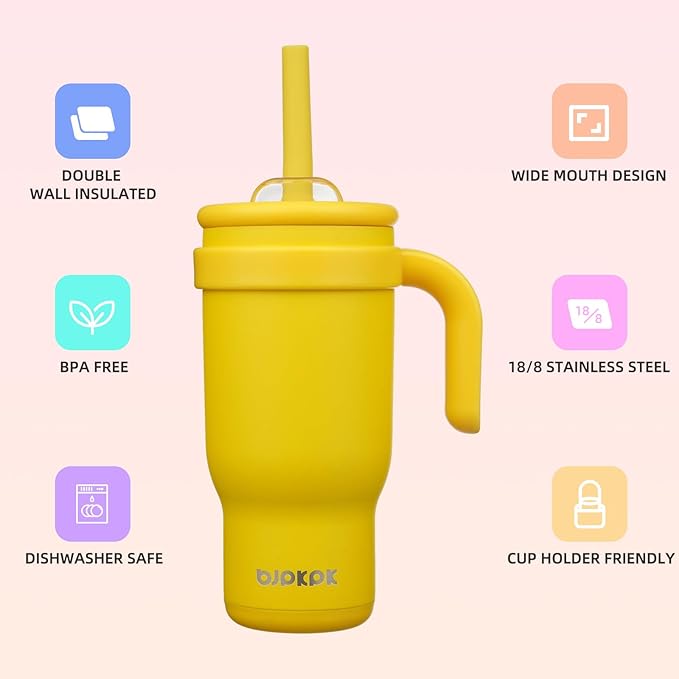 BJPKPK 18 OZ Insulated Travel Tumbler with Handle and Straw, Stainless Steel Water Bottle, Double Wall Vacuum Insulated Mug, for Work, Car, Travel, Yellow