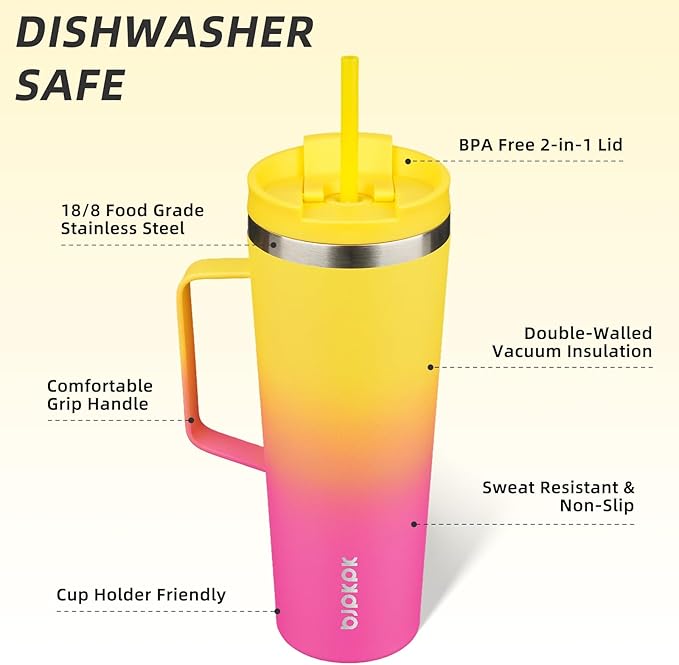 BJPKPK Insulated Tumbler with Handle, 26oz Insulated Tumblers with Lid and Straw, Stainless Steel Metal Water Bottles, Coffee Travel Mugs, Cups, Pink & Yellow Rose