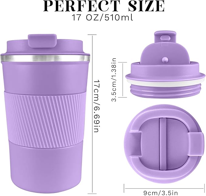 YINBAOGE Insulated Travel Coffee Mug, Spill & Leak Proof, Portable To Go Camping Stainless Steel Coffee Tumbler, Reusable Thermal Coffee Cup with Lid for Hot & Cold Drinks (Purple, 17 OZ)
