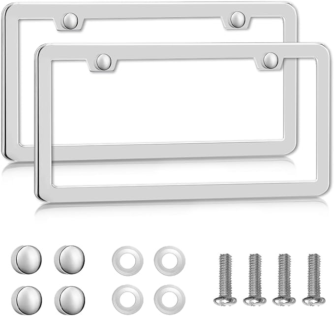 Solid Silver License Plate Frames 2 Pack, 2 Holes Rust-Proof License Plate Holder, Universal Car Stainless Steel License Plate Frame for Women & Man (Screws & Chrome Caps) by Lengnoyp