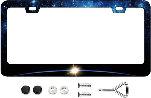 Sunrise in Space Earth and Galaxy License Plate Frame Rust-Proof Stainless Steel Screws Caps Included Personalized Cover for Women and Men Decorate Car with 12.3x6.3 Inch License Plate Holder-DATANSEN