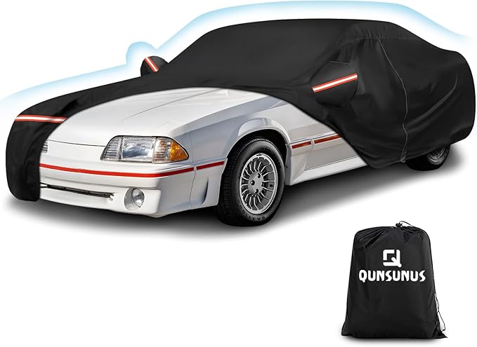 QUNSUNUS Waterproof Car Cover for Ford Mustang 1979-1993, Outdoor Car Covers with Zipper, All Weather Full Exterior Cover with Straps and Elastic Edges for Wind, Sun, UV and Dust Protection